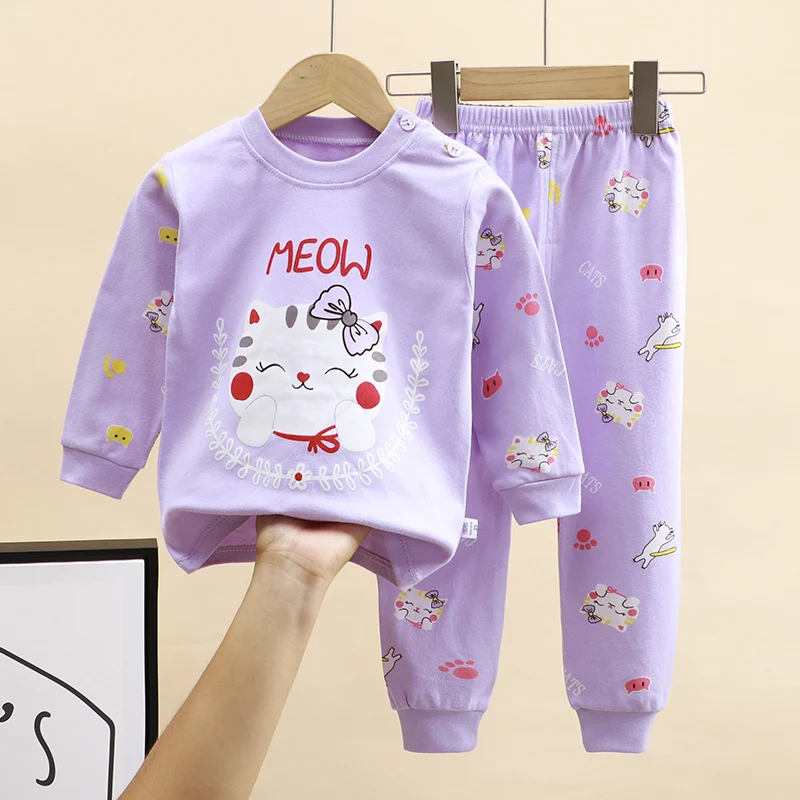 New Kids Boys Girls Pajama Sets Cartoon Print Long Sleeve O-Neck T-Shirt Tops with Pants Toddler Baby Autumn Sleeping Cloth DS39