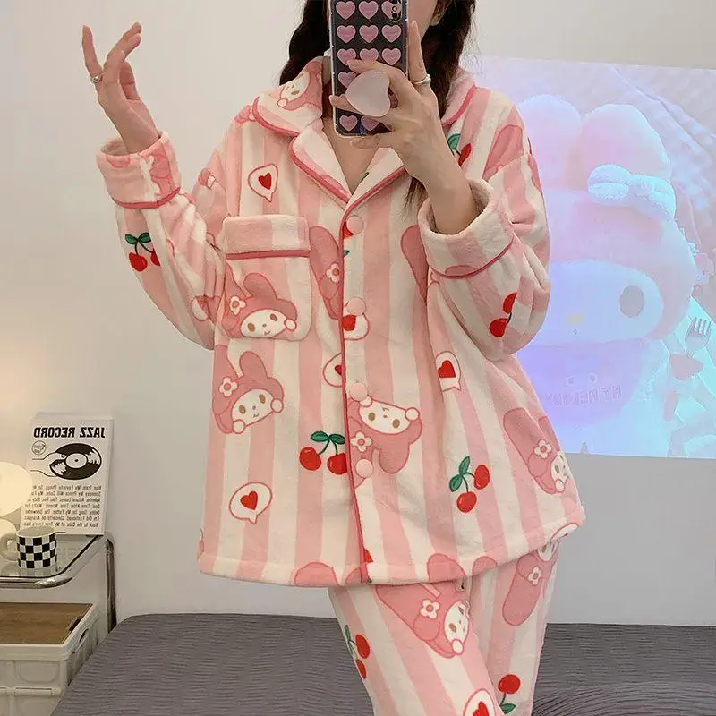 

Sanrio Girl фланелевой кардиган пижамный комплект зимний Kawaii My Melody комикс студенческий утепленный сохраняющий тепло модная одежда для отдыха на выходе