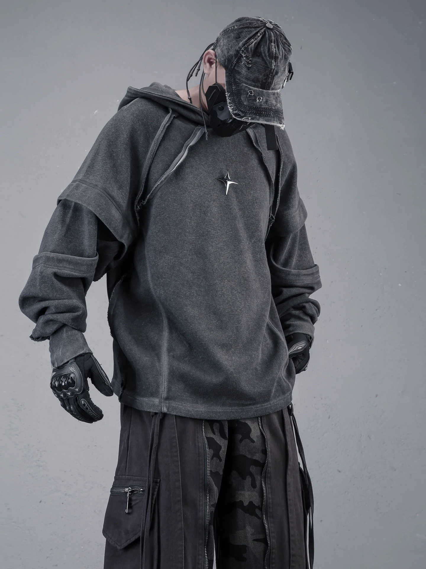 Desert Wasteland Style Hoodie Men's Vintage Washed Dyeing Split Splicing Lazy Brand Streetwear Long Sleeve Cotton Polyester