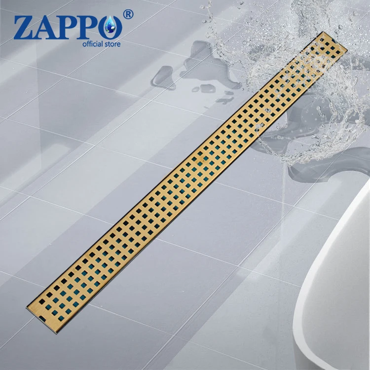 ZAPPO Golden Plated Bathroom Drains Rectangle Type Bathroom Linear Floor Drain Shower Srainer Deodorant Bathroom Floor Drain