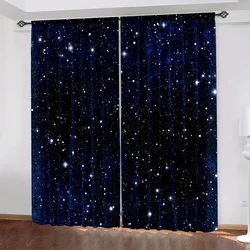 2pcs Galaxy Shining Stars Curtains,Rod Pocket Outer Space Starry Sky Star Printed Curtains,Window Drapes For Living Room Kitchen