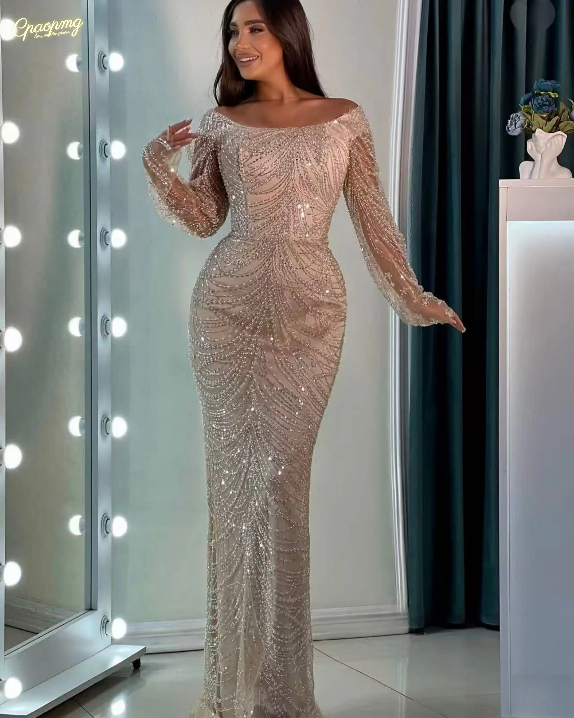 Personalizado champanhe marfim formal gola quadrada sereia vestido de noite manga longa árabe pérola frisado vestidos de festa vestidos de baile