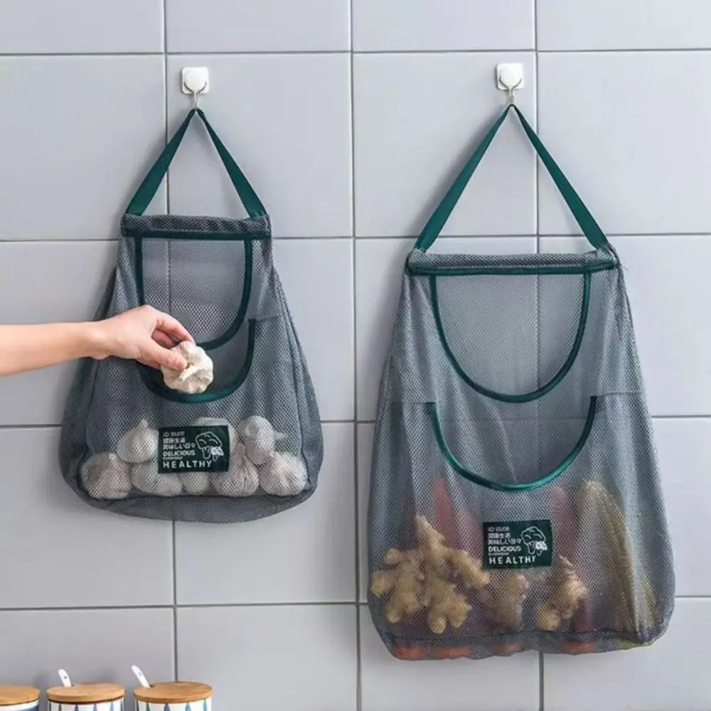 New Reusable Kitchen Hanging Mesh Bag Wall Mounted Polyester Fruit Vegetable Storage Net Bag Large Capacity Net Pocket