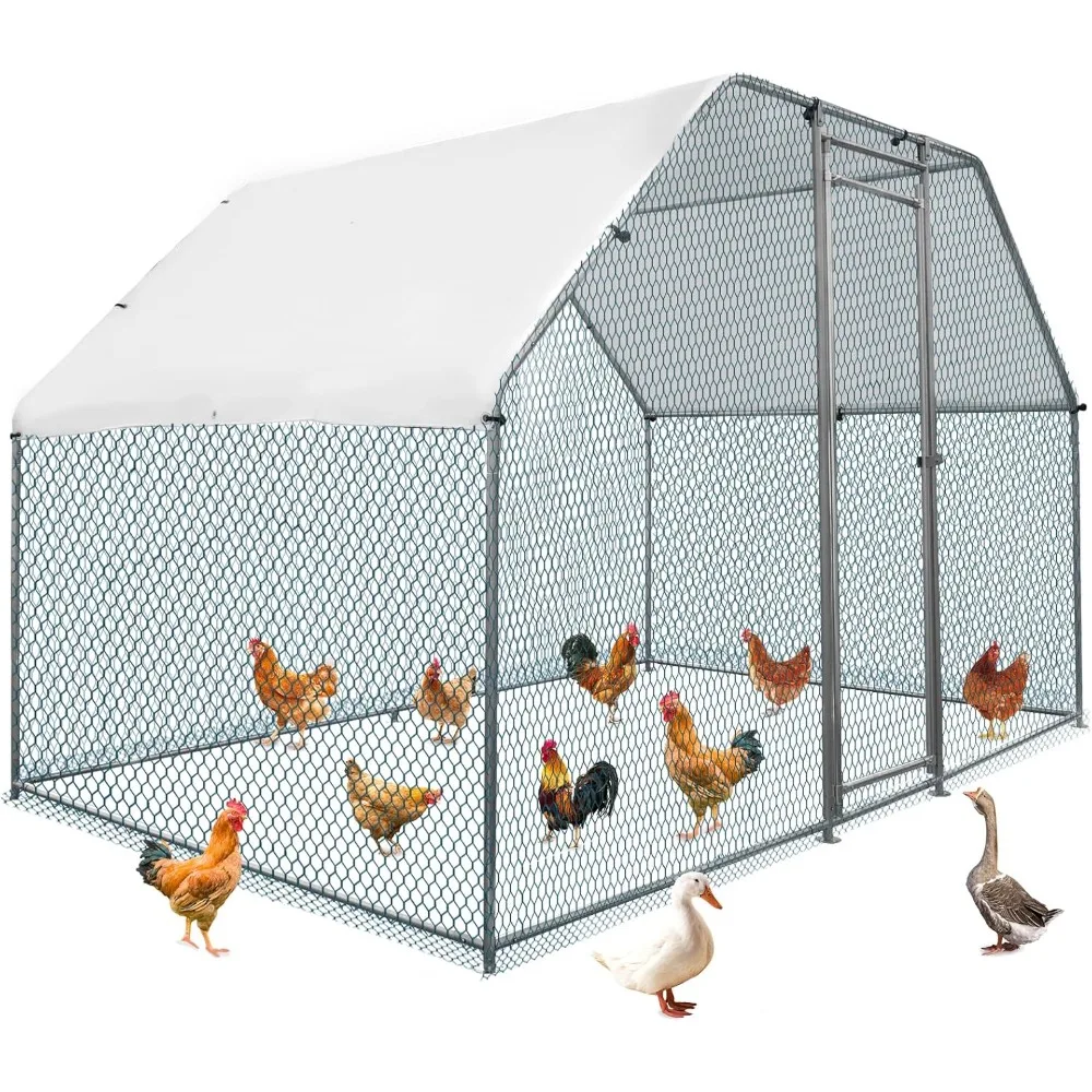 

Large Chicken Coop, Metal Poultry Cage for Chicken Run, Walk-in Flat-roof Chicken Pen with Waterproof & Anti-UV Cover Outdoor