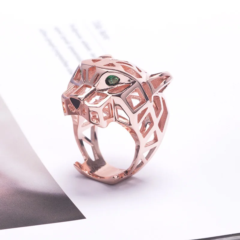 Europe America Luxury Style Men Women Lady Hollow Out Inlaid Green Zircon Eyes Leopard Head Plated Gold Color Lovers Ring