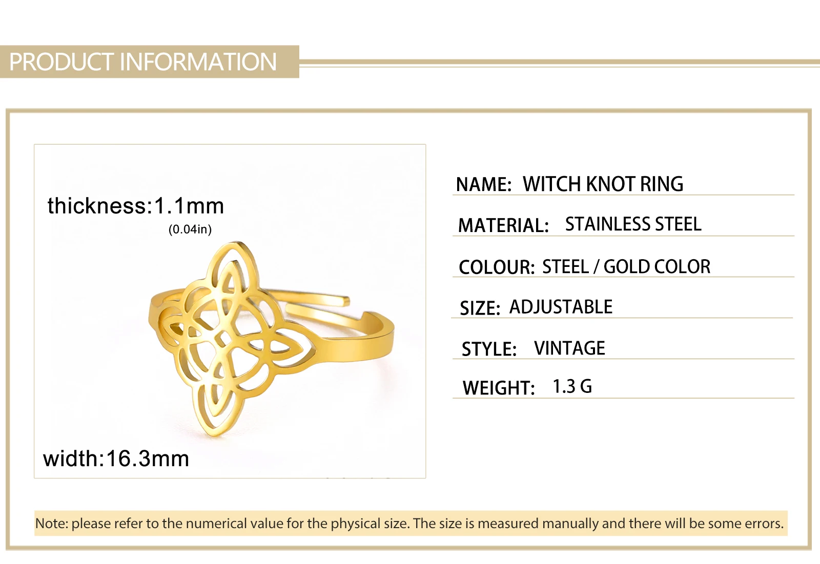 Skyrim Frauen Hexerei Hexe Knoten Ring Edelstahl Gold Farbe Einstellbare Finger Ringe Vintage Wicca Amulett Schmuck Geschenk – Detail 6