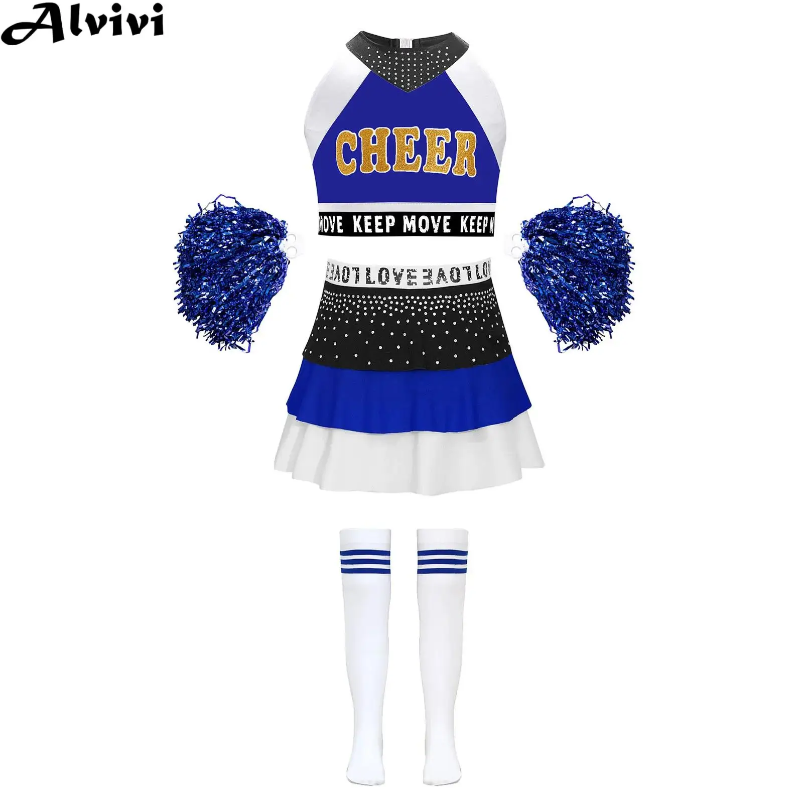 Children Girls Cheerleading Jazz Dance Performance Costume Sleeveless Print Crop Top with Skirt Flower Balls Socks Dancewear