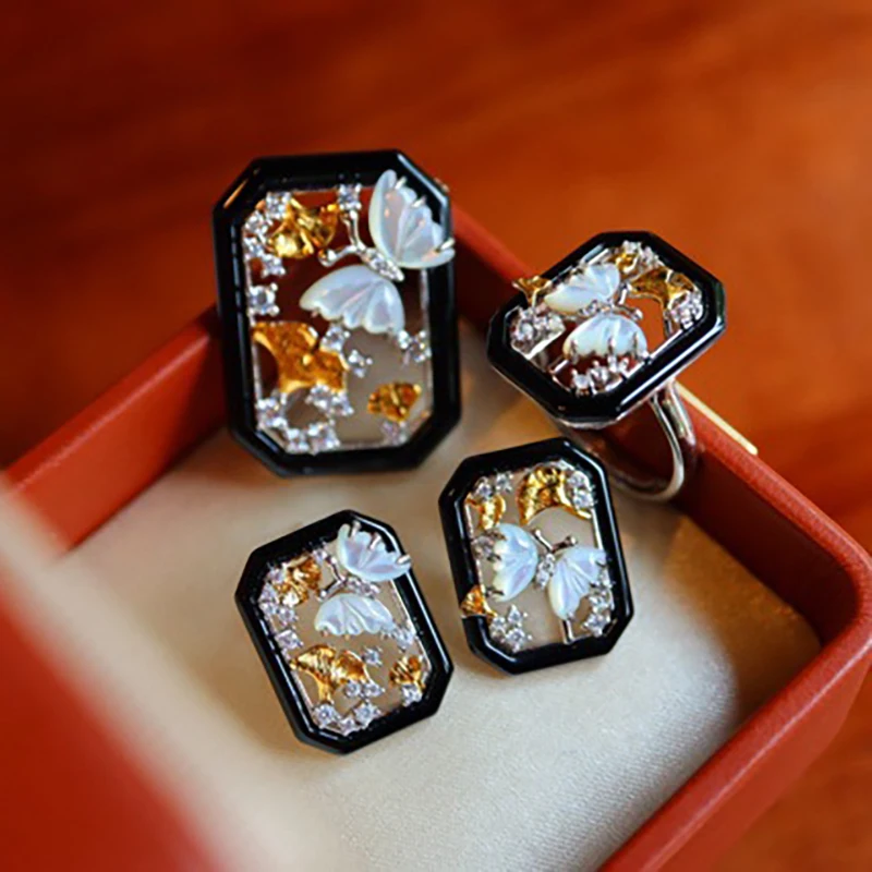 

925 Sterling Silver Natural Black Agate White Shell Butterfly Earring Brooch Pendant Ring Set Jewellery Woman Jewelry Gifts