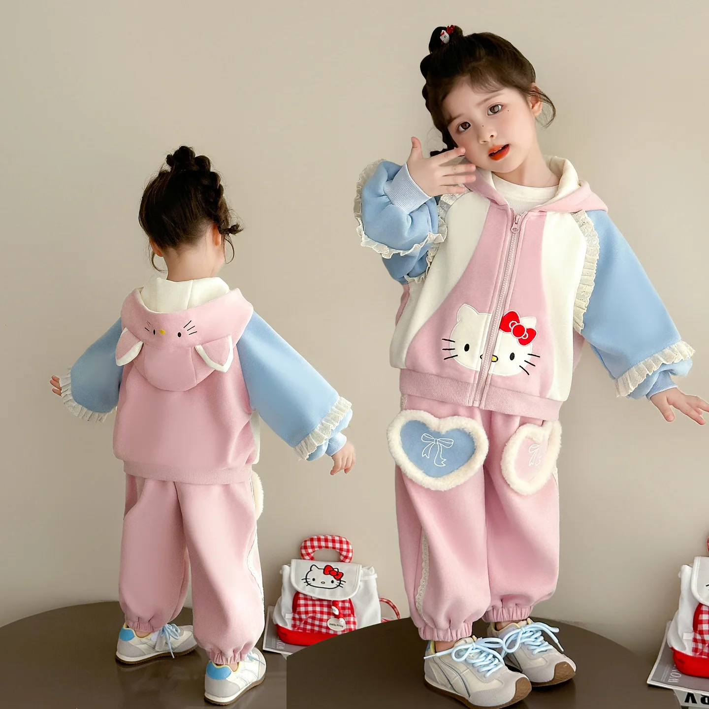 

Hello Kitty Sports Suit Trendy Children's Spring Autumn Hooded Outfit Girls' Casual Loose Baby Clothes Set Coat Pants