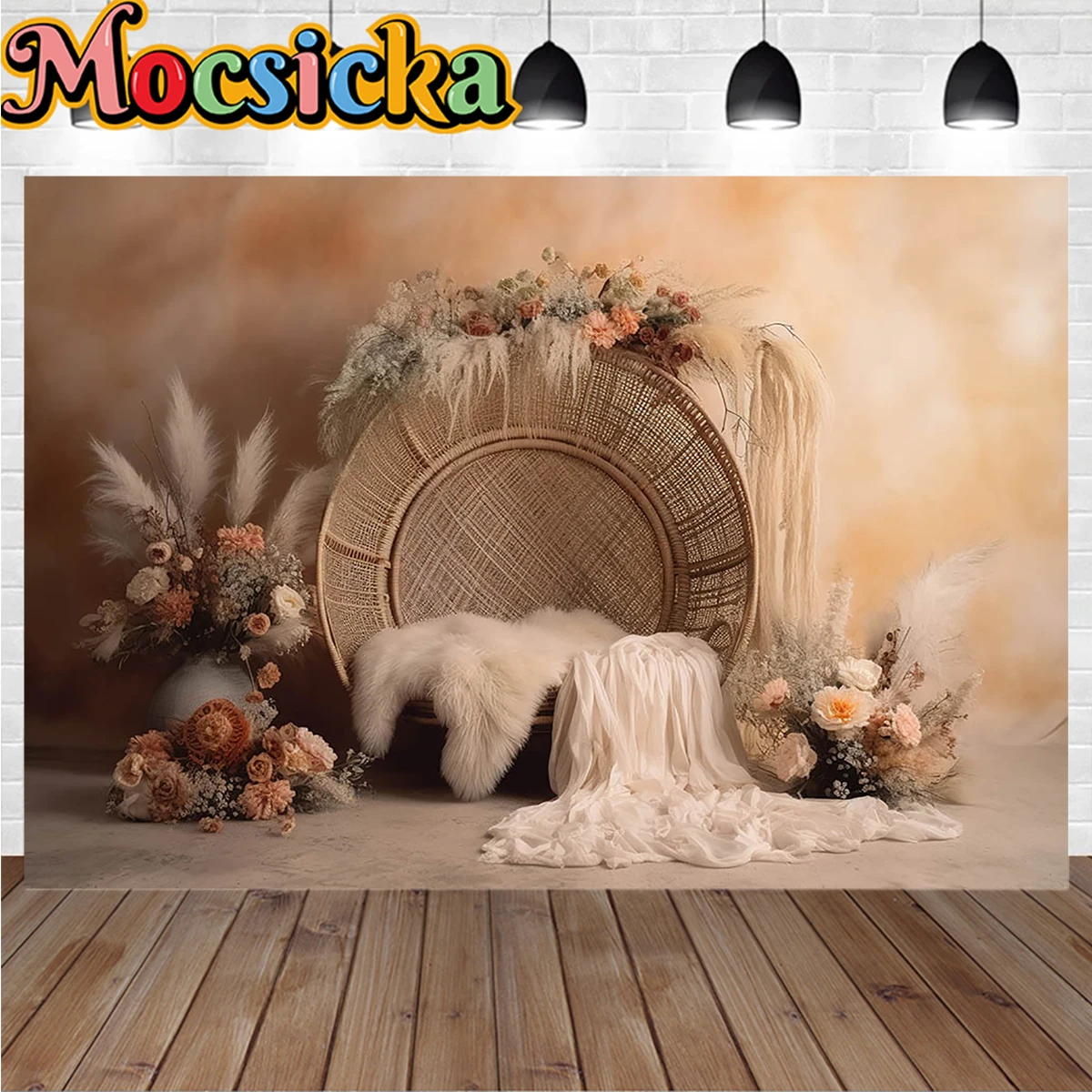 โบฮีเมียนเด็กโชว์พื้นหลังดอกไม้หวายตกแต่งเก้าอี้ถ่ายภาพฉากหลังถ่ายภาพในสตูดิโอแบนเนอร์ภาพศิลปะแม่ตั้งครรภ์