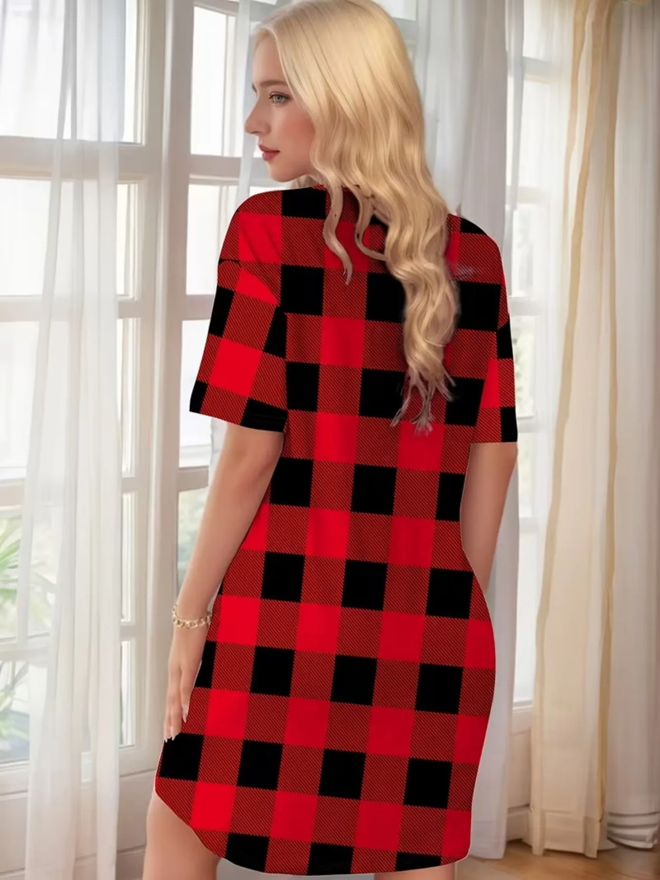 Christmas Red and Black Plaid Pattern with Hat and Scarf, Snowman and Snowflake Design, Women's Round Neck Short-Sleeve Home Sleep Dress