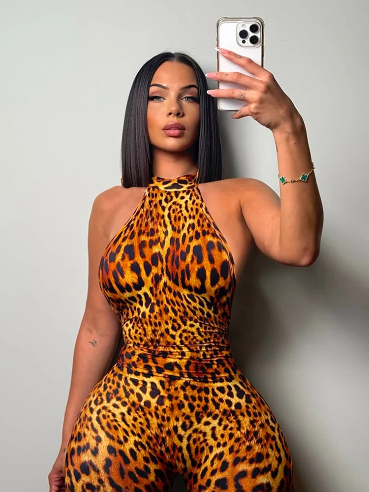 Cutenew deslumbrante leopardo impressão feminina playsuits verão hipster halter sem costas magro macacão feminino novo elástico festa uma peça