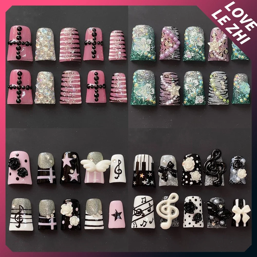 Y2K Duck-Bill Long Coffin Dragon Claw Reusable Fake Nail Spice Girl 3D Bowknot Musical Note Pearl Diamond Rivet Press On Nail