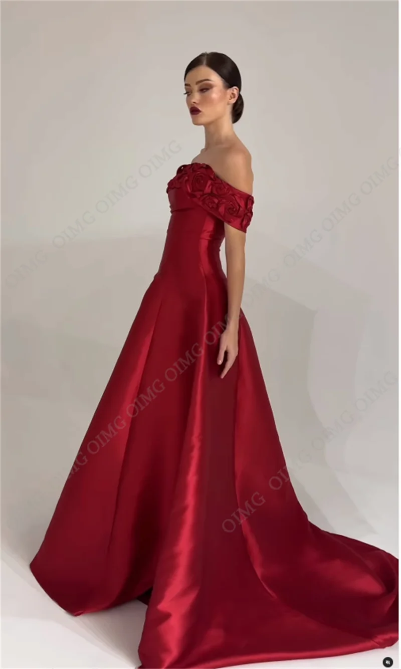 OIMG Red Flowers Long A Line Evening Dresses Prom Gowns Off Shoulder Strapless Vestidos Formal Event Night Party Gown Dress