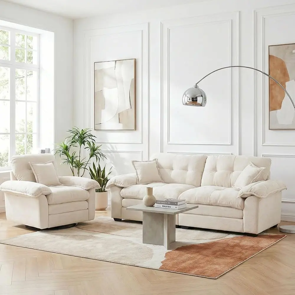 

84 Loveseat & 360° Swivel Chair Set, Plush Chenille, Padded Seats, 3 Pillows, Suitable for Living Room, Bedroom, Home Office (Be