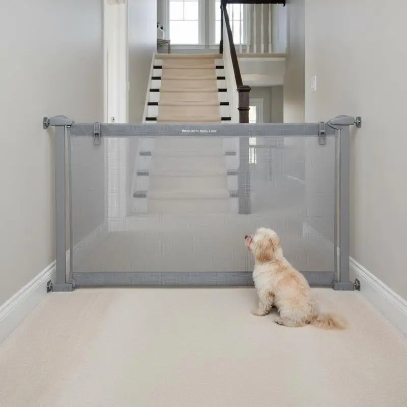 

Retractable Safety Fence 72.8"x31.3" For Stairs Hallways Doorways, Security Lock Easy Operation Mesh Walk Through Barrier Gray
