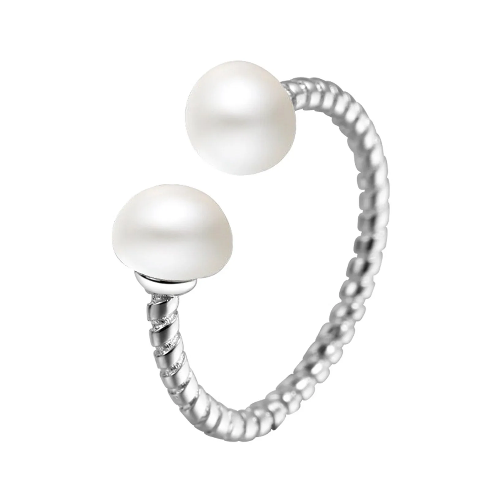 Double Pearl Ring Open Sterling Silver 925 Two Heads Simple Classic Design for Girls Ladies Toi et Moi