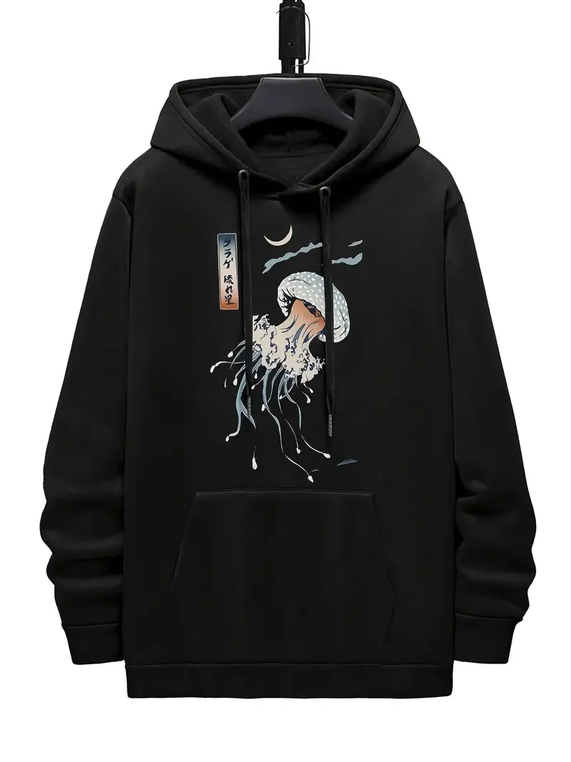 Y2k Hoodies Retro Fish Print Hoodie Plus Size Long Sleeve Drawstring Hooded Pullover Women Sweatshirt With Kangaroo Pockets 550g