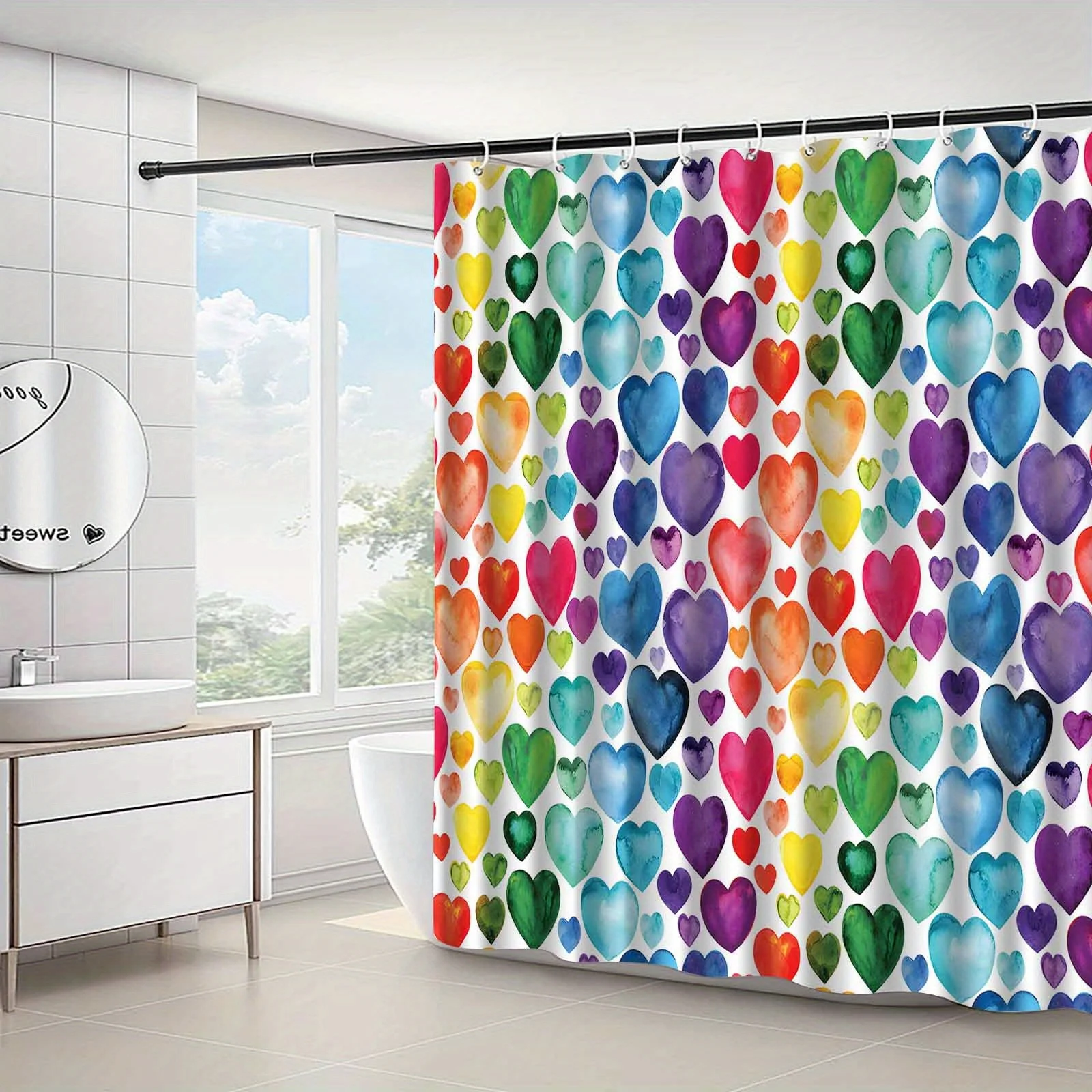 Jit1pc Vibrant Rainbow Heart Design Shower Curtain, Luxurious Elegant Bathroom Curtain, Shower Curtain for Home Decor, Bathroom