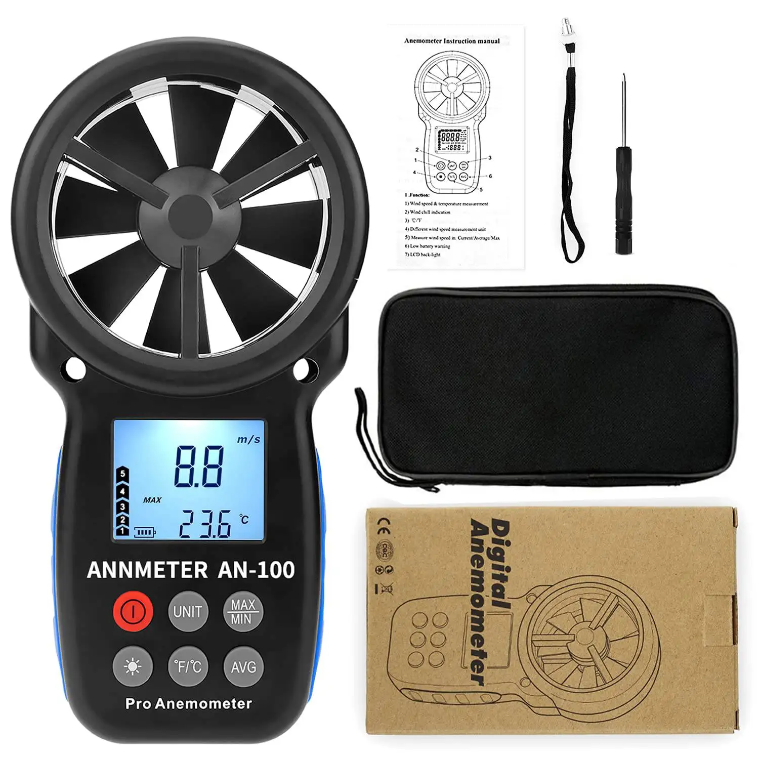 Handheld Anemometer Wind Speed Meter, Digital Air Flow Tester for HVAC, Drones, Boats, 59~5860 ft/min, ±5% Accuracy