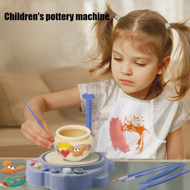 Children's Pottery Machine Soft Clay Embryo Pulling Machine DIY Puzzle Clay Sculpture Electric Turntable Painted Craft Toys DIY