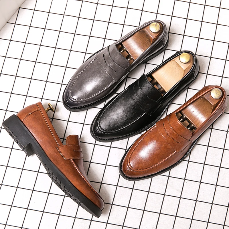 

Мужские классические кожаные лоферы, повседневные деловые туфли без шнурков, броги, офисная и торжественная обувь для мужчин.