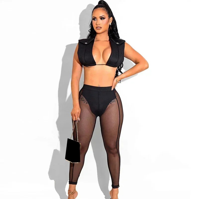 Kexu Fitness Sport zweiteiliges Set Frauen Sommer Trainings anzug aus geschnitten Weste Crop Tops transparente Mesh Legging Hosen Outfit Party Club Anzug