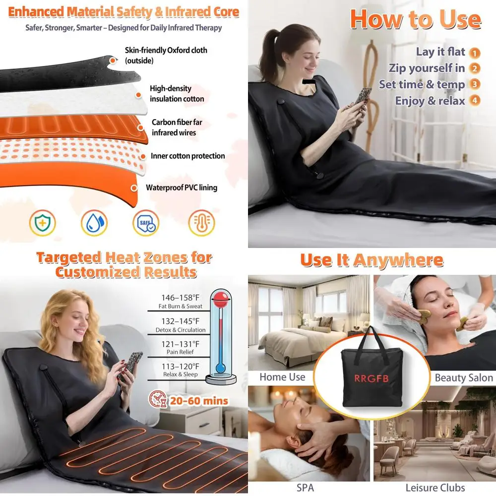 

Портативное одеяло-сауна для похудения и детоксикации, 86-158 ℉ Таймер, водонепроницаемый, с пультом дистанционного управления и сумкой для переноски (Space Black)