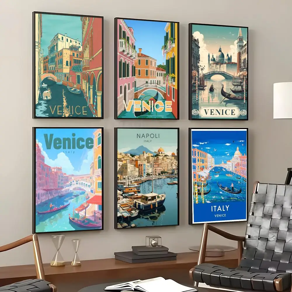 Landscape Venice Water City Poster Self-Adhesive Waterproof Wall Stickers Coffee Bar Home Wall Decor