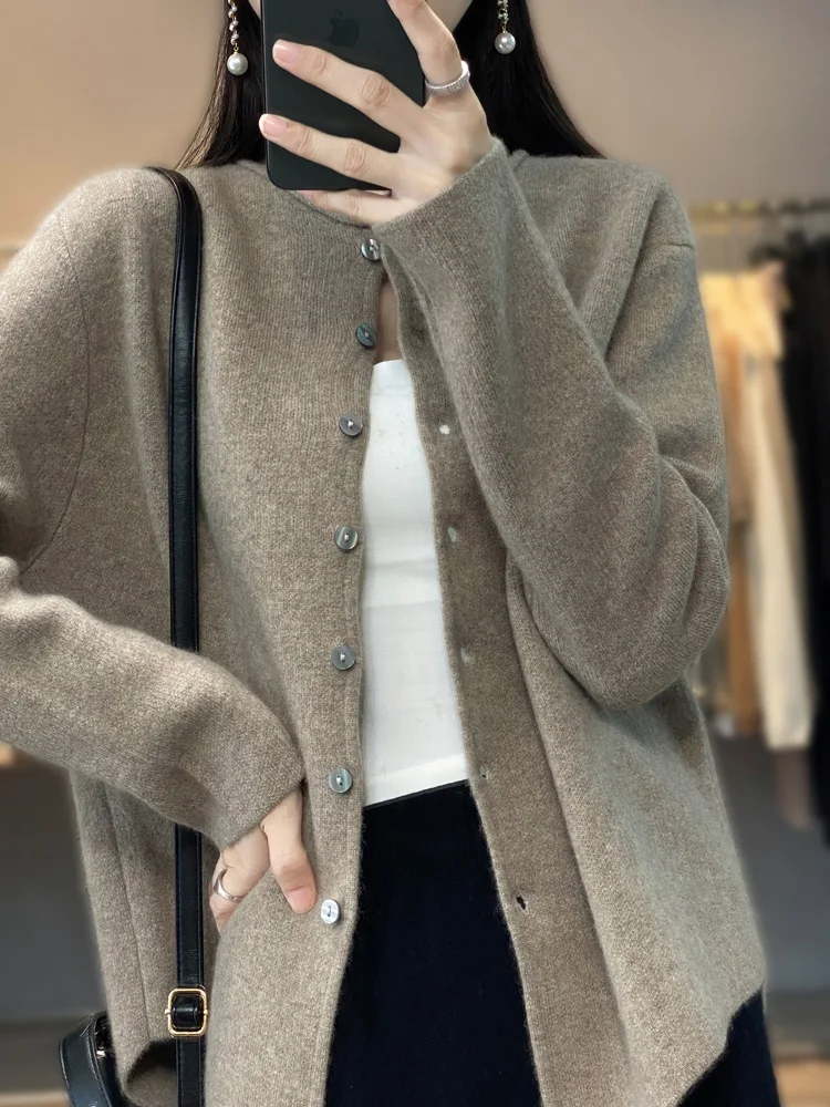 Hot Sale Women's Cardigan 100% Merino Wool Sweater Knitted Round Collar Cardigan Spring and Autumn Female Loose Fashion Clothes
