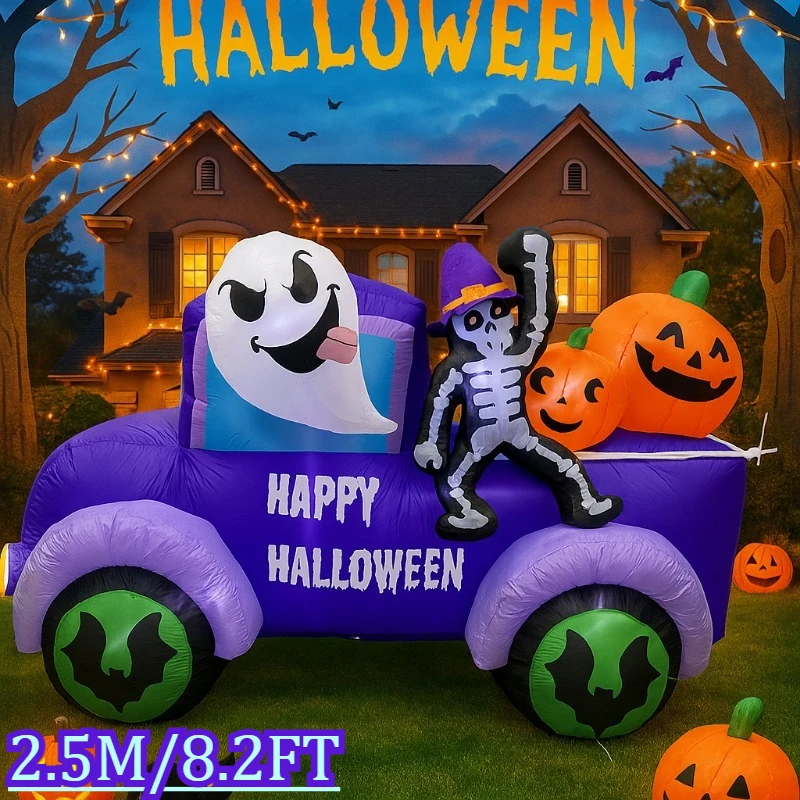 

8FT Halloween Holiday Lighting Inflatable Toys Decorations Ghost Driving Truck Car Skeleton Pumpkin Built-in LEDs Party Decor