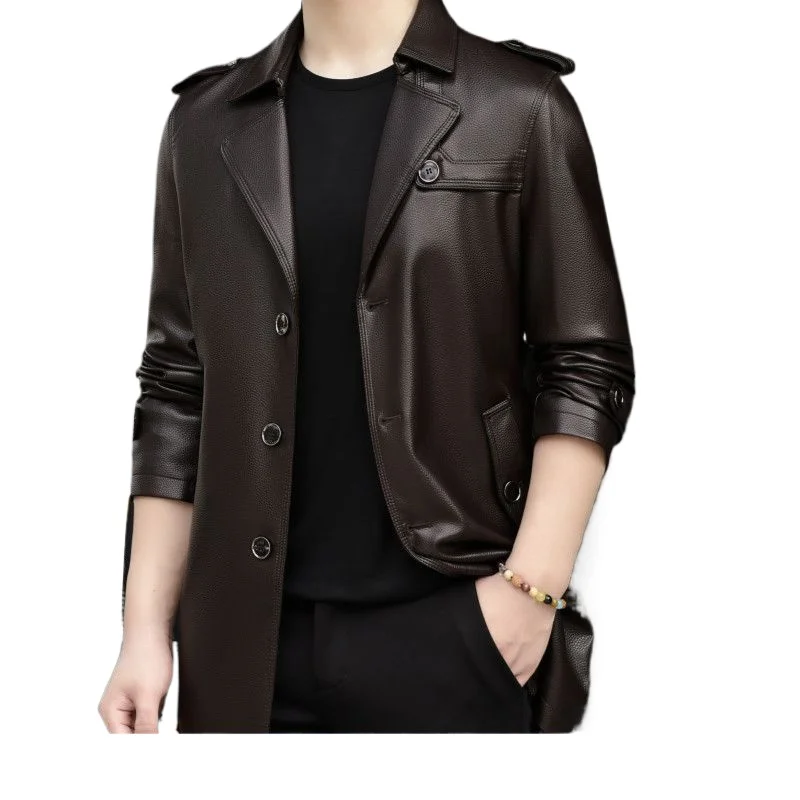 سترة جلدية راقية لعام 2026 بدلة رجالية من الصوف السميك المتوسط والطويل معطف خندق 100% سترة من جلد البقر للرجال بلون سادة