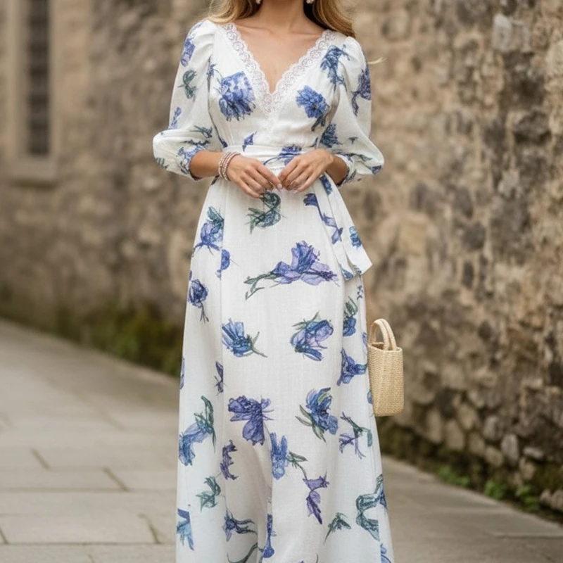 

Весеннее элегантное женское платье с цветочным принтом 2026 года, летнее повседневное пляжное платье с рукавами-фонариками, сексуальное платье принцессы с V-образным вырезом и завышенной талией