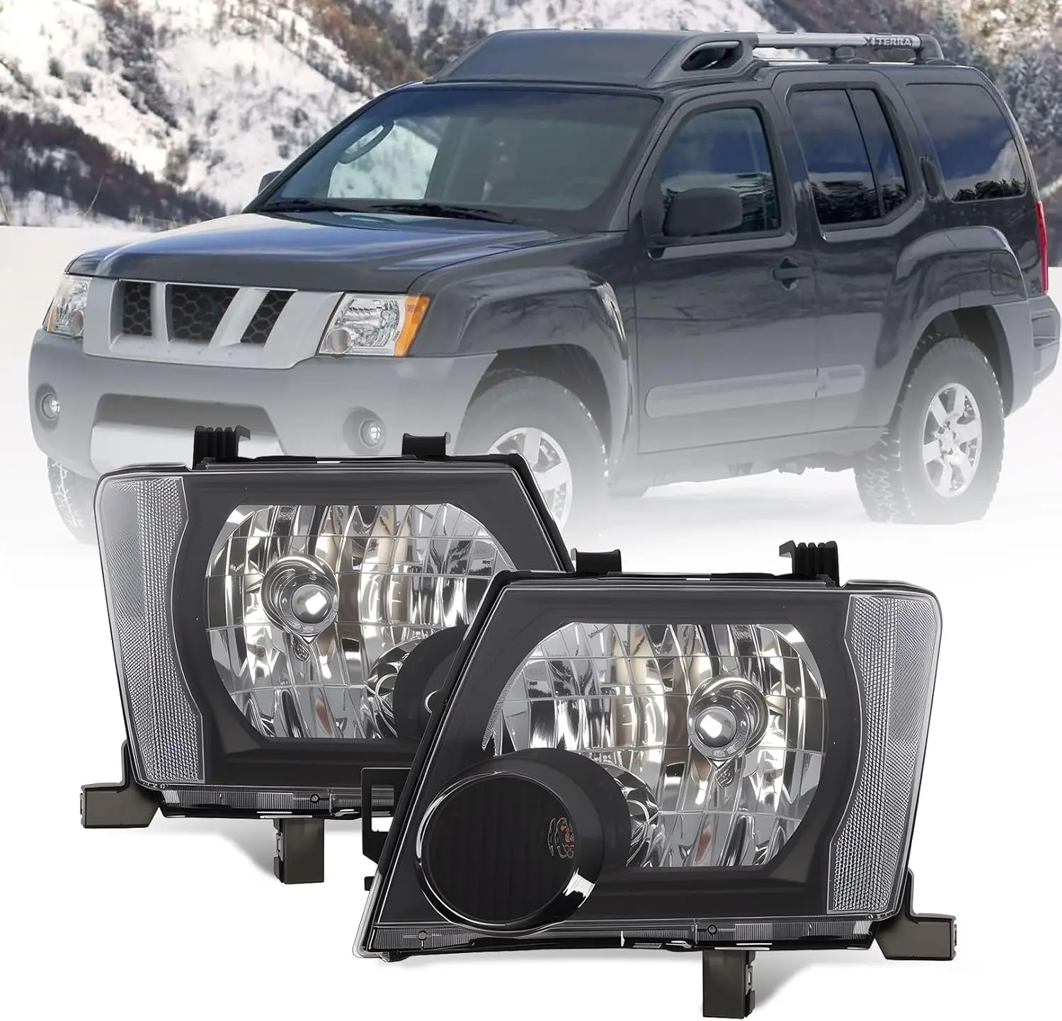H4 Halogen Headlamp Assembly Compatible with Nissan Xterra 2005-2015 (2006 2007 2008 2009 2010 2011 2012 2013 2014) Black Housin