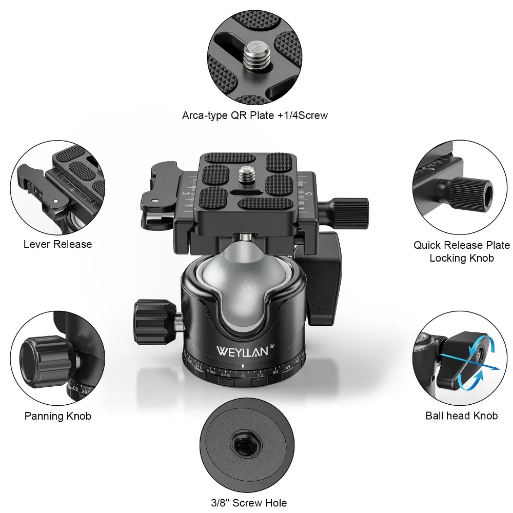 WEYLLAN EH36L Профессиональная шаровая головка 36 мм с низким гравитационным низкопрофильным штативом 360 °   Панорамная шаровая головка для штатива-монопода DSLR