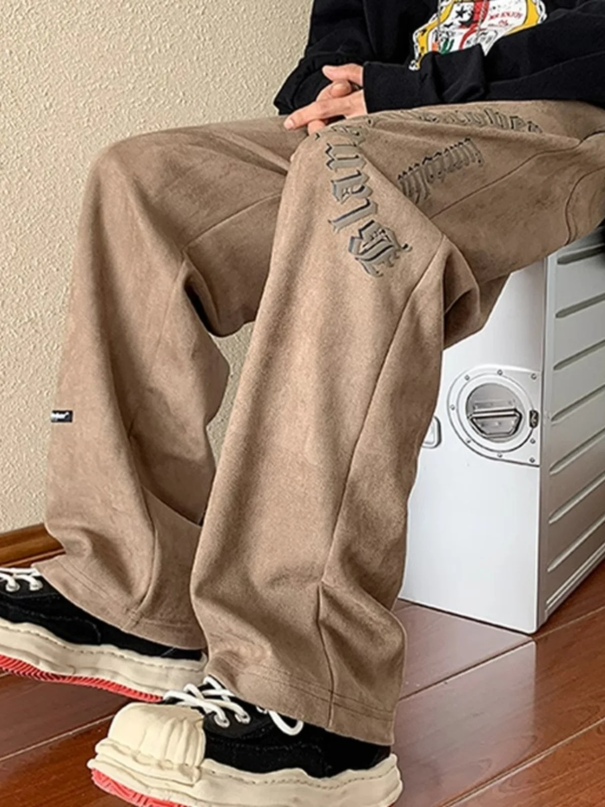 

Large Size Suede Casual Pants Men's Autumn Winter Thiened Fce Lined Loose Straight Leg Long Pants Sports Sle