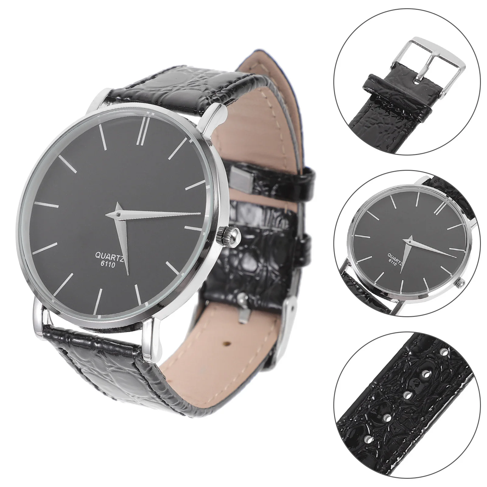 

9140 Ultra Thin Men Boys Quartz Watch Black Durable Alloy Stainless Steel Back Cover Precise Movement Adjustable PU Band