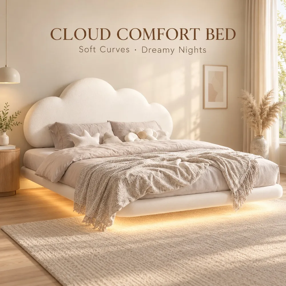 Girls Cloud Floating Kids Bed, Wooden Storage Bed with Pink Cotton Cushion, Bunny Ear Princess Style Cream Bedroom Furniture