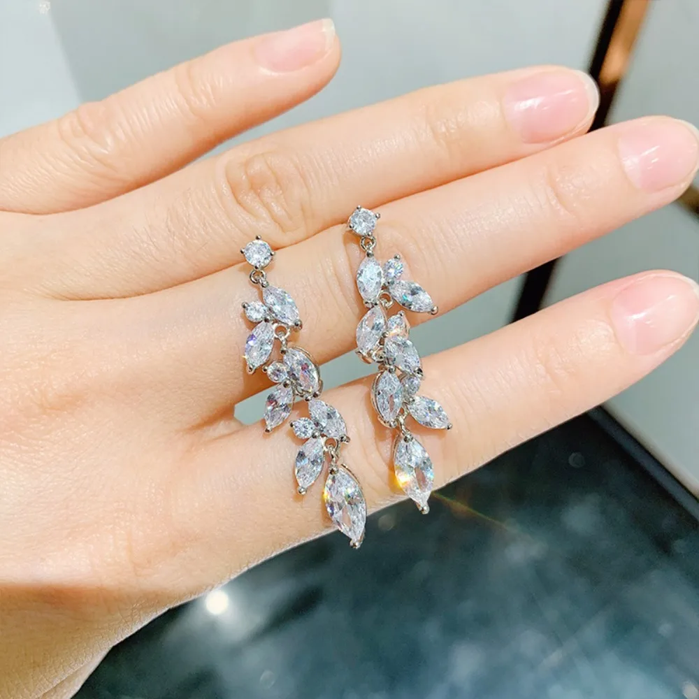 Luxury Fashion Draped Fringe Leaf Shiny Inlaid 5A Zircon Geometry Dangle Earrings for Women Banquet Bride Wedding Jewelry Gift