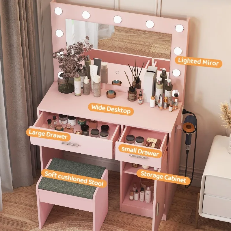 Vanity Desk with Mirror and Light, , 3 Adjustable Lighting Modes, Bedroom Vanity Table (Pink)