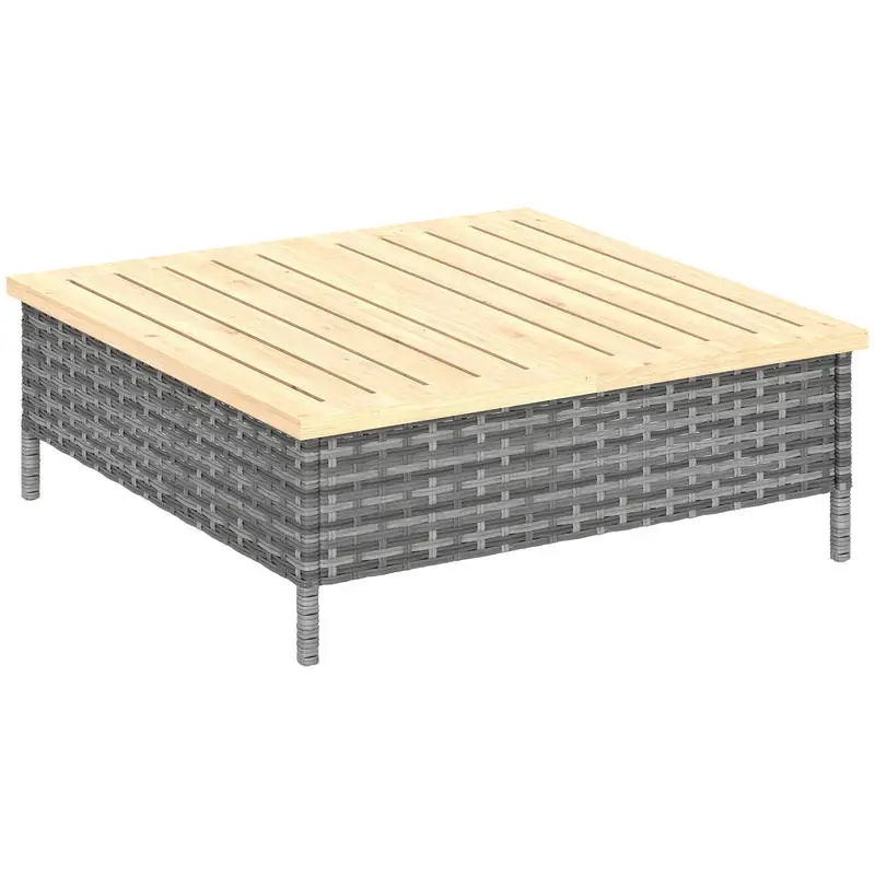 Outdoor Side Table with PE Rattan, Patio End Table with Natural Fir Wood Top, Weather Resistant Accent Table for Patio Pool Porch, Gray
