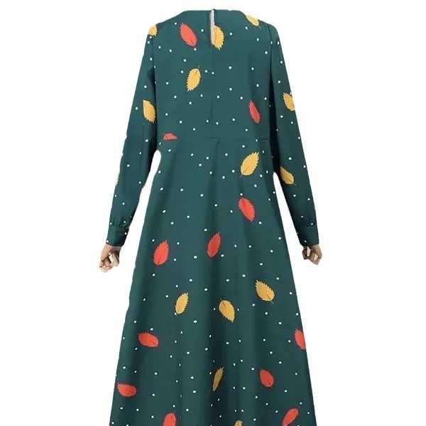 Muslim Leaf Pattern Long Sleeve Dress for Women Casual Bohemian Polka Dot Print Holiday Muslim Dress Full Length Abayas Dubai