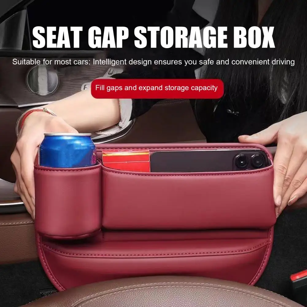 Car Faux Leather Cup Holder Gap Bag Car Seat Gap Filler Organizer with Water Cup Holder Seat Gap Storage Bag with Cup Holder