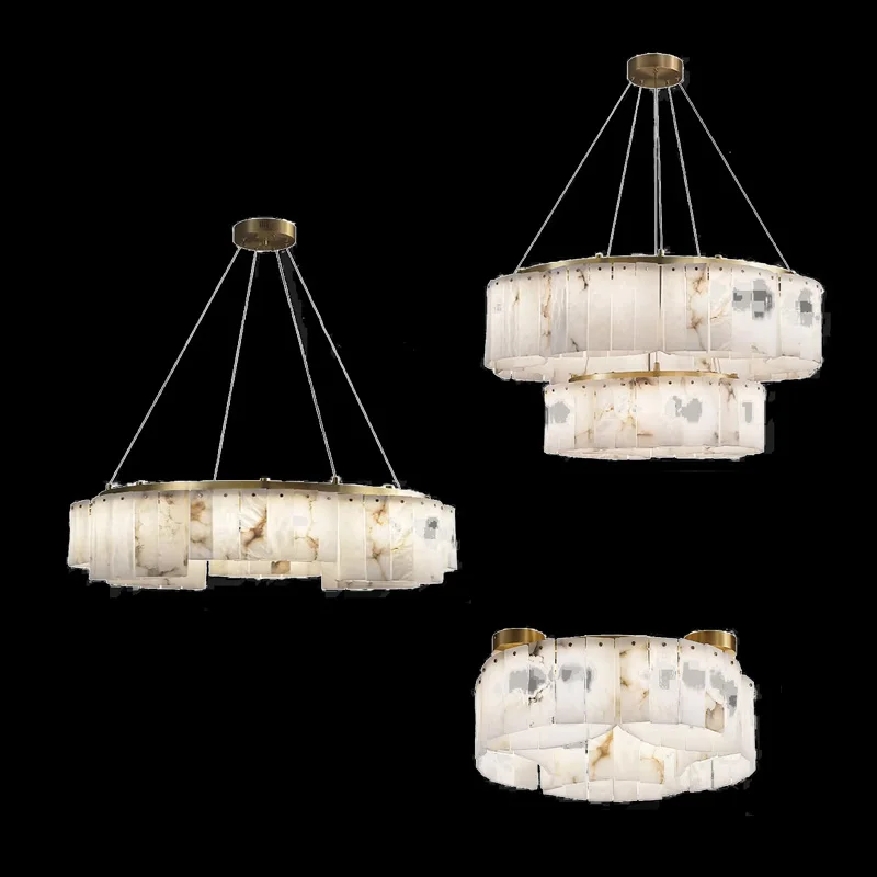 

All-copper golden marble pendant lamp, long strip restaurant lighting, circular ceiling-mounted light with lustrous finish