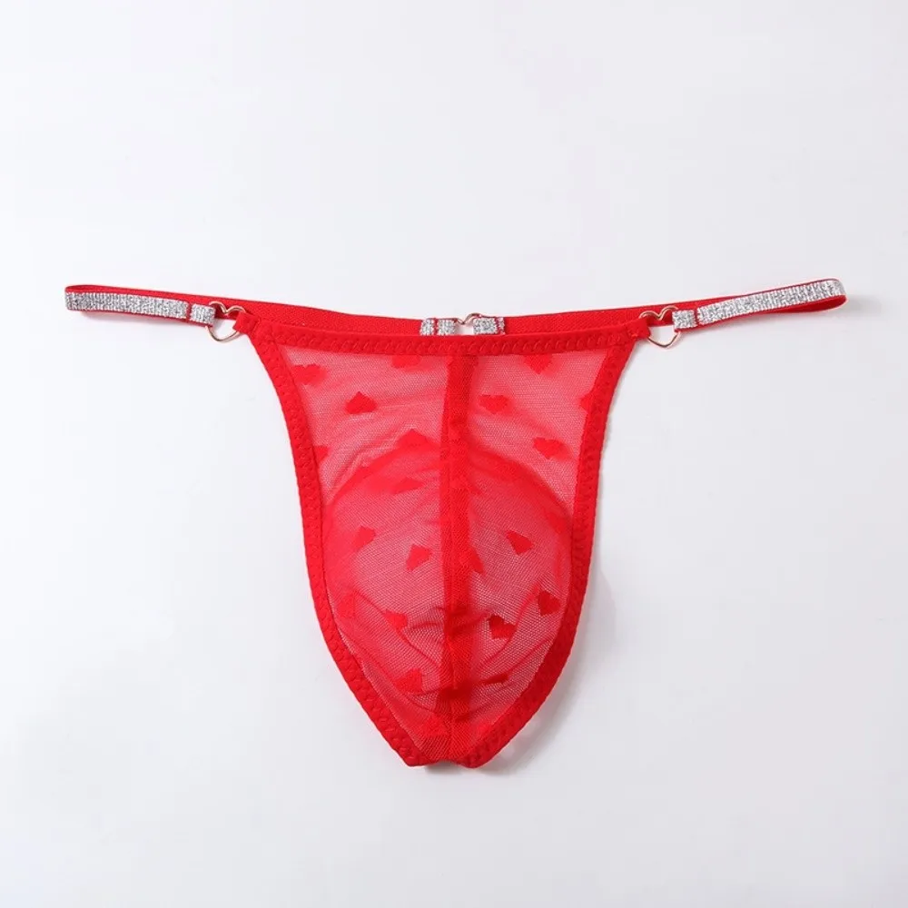 Thin Mesh Men Hollow Thongs Low Waist Love Heart Print Male Transparent Briefs Bulge Pouch Lingerie Men's Sheer Panties Newlywed