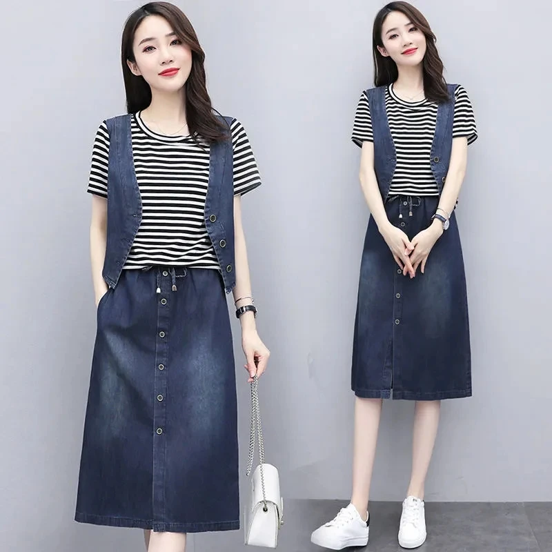 Temperament Denim Suit Female 2022 Summer New Casual Fashion Western-style Age-reducing Thin Skirt Casual Loose Two-piece Suit