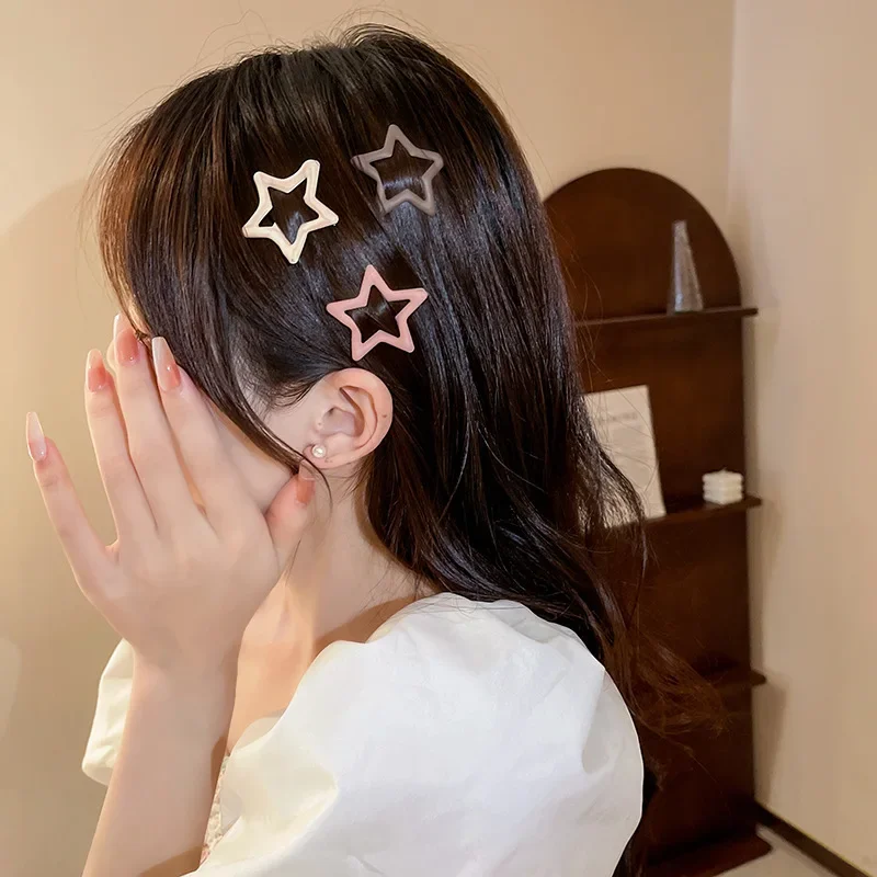 3/4 Pcs Simple One-Word Metal Hair Clips Set Coffee Color Bear Heart Geometric Duckbill Hairpins Sweet Girls Star Hair Barrettes