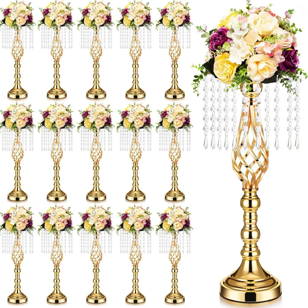 

15 Pack Gold Wedding Centerpieces for Table Gold Crystal Flower Stand 19.3 Inches Metal Flower Vase Holders with Chandelier For