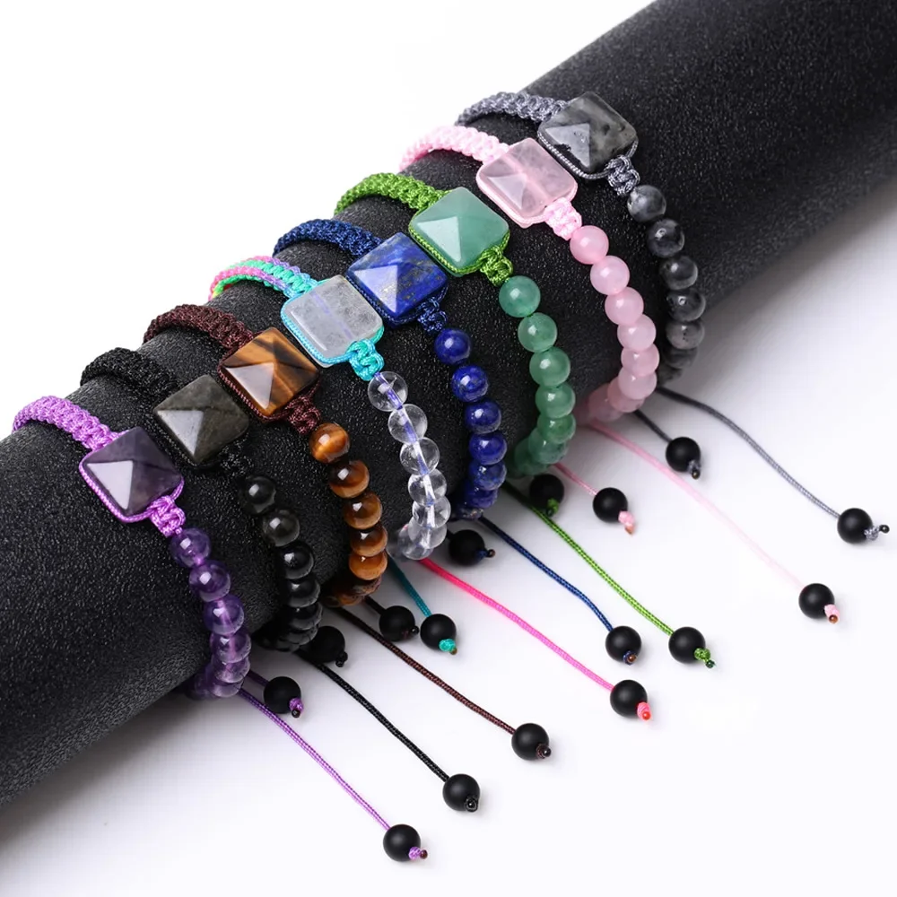 Rope Wrap Natural Stone Bracelet for Women Braided Healing Pyramid Charm Amethysts Lapis Purple Crystal Bracelet Yoga Jewelry