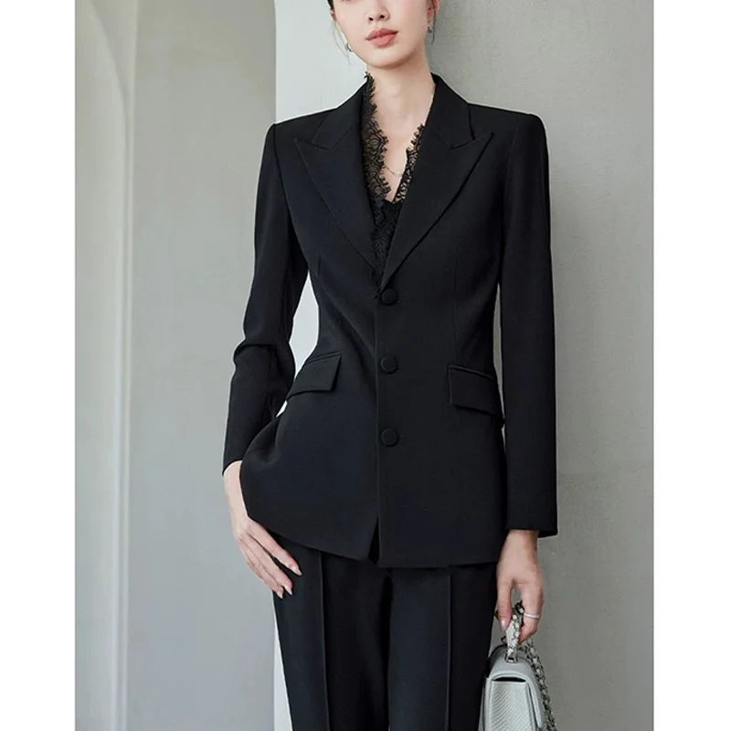 Traje profesional de talla grande con diseño de encaje para mujer, chaqueta de estilo coreano, tela de poliéster gruesa, no requiere planchado